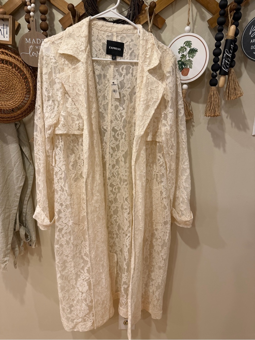 Express Cream Lace Long Duster Robe